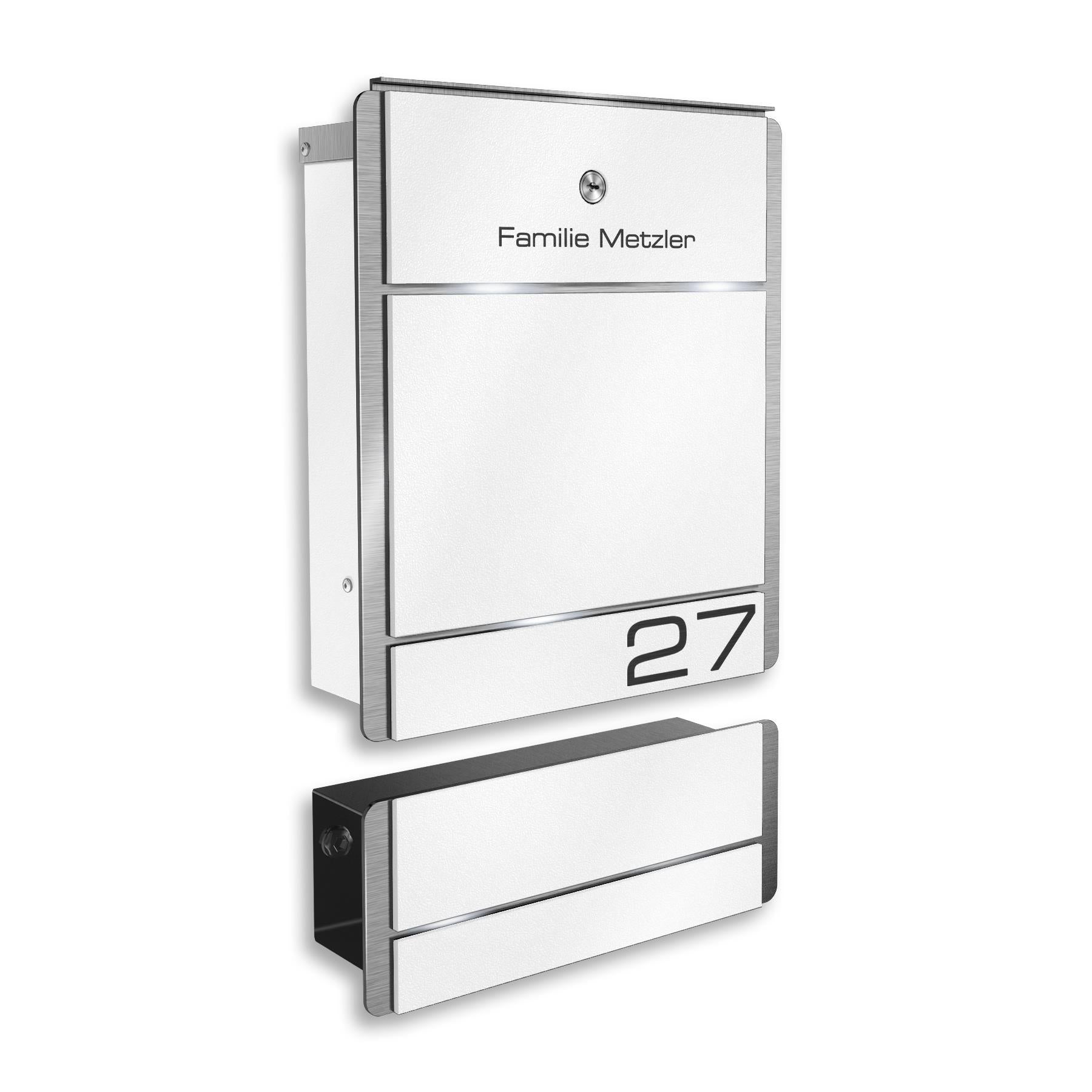 Metzler Briefkasten Weiß Edelstahl V4A Gravur + Zeitungsfach optional | 01