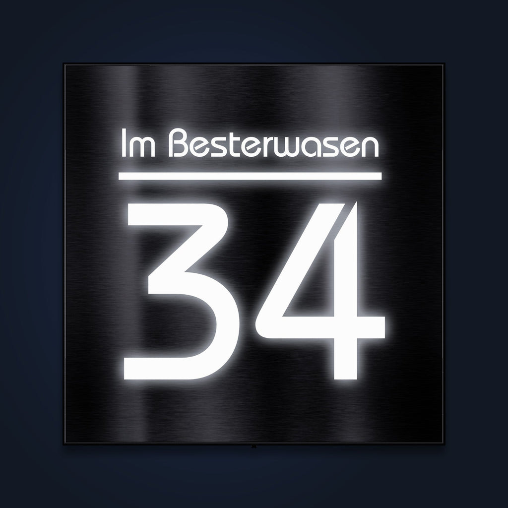 Hausnummernschild aus Edelstahl mit weißer LED-Beleuchtung