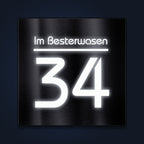 Hausnummernschild aus Edelstahl mit weißer LED-Beleuchtung
