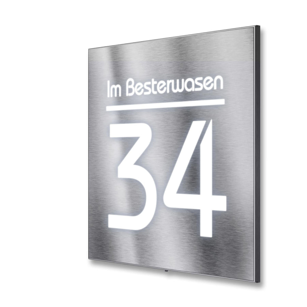 Hausnummernschild aus Edelstahl mit weißer LED-Beleuchtung