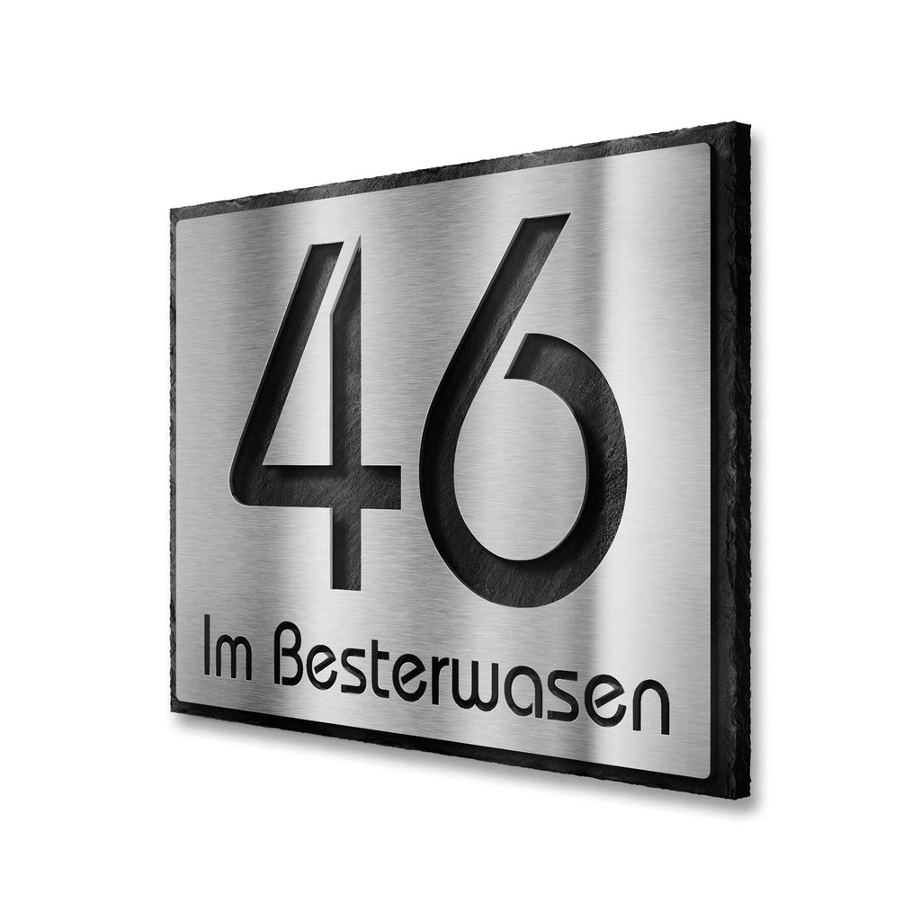 Hausnummernschild aus Schiefer & Edelstahl mit Lasergravur