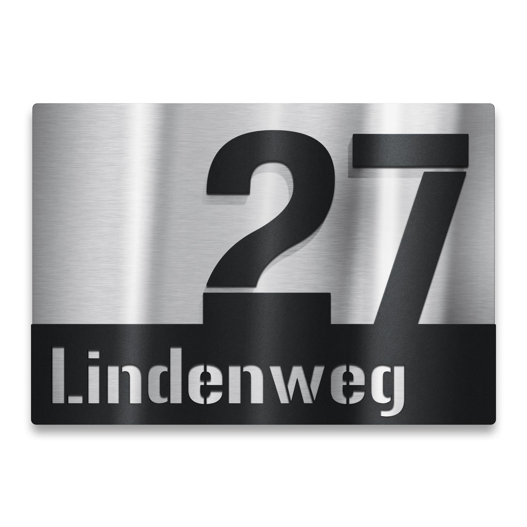 Hausnummernschild aus Edelstahl mit Straßennamen