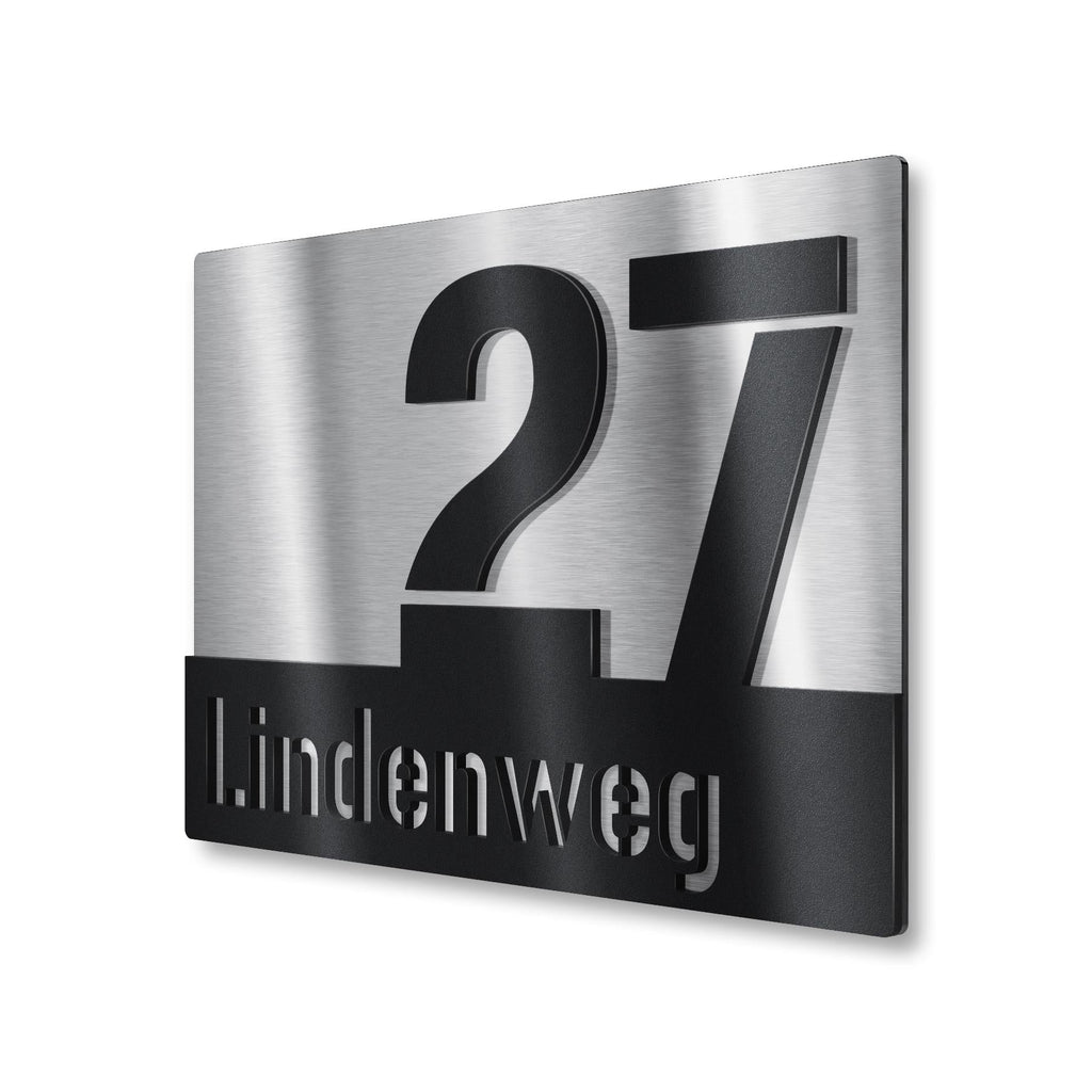 Hausnummernschild aus Edelstahl mit Straßennamen