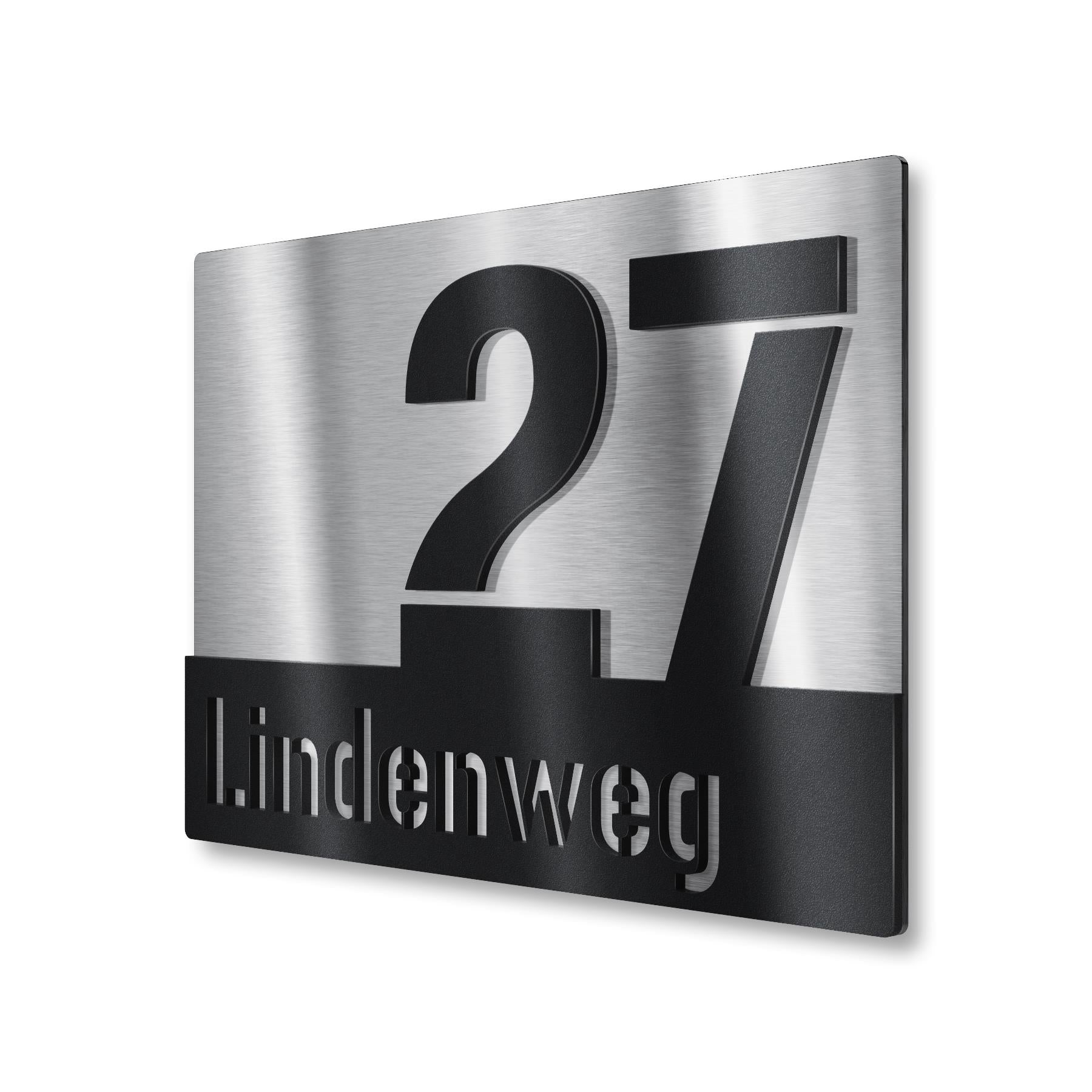 Hausnummernschild aus Edelstahl mit Straßennamen