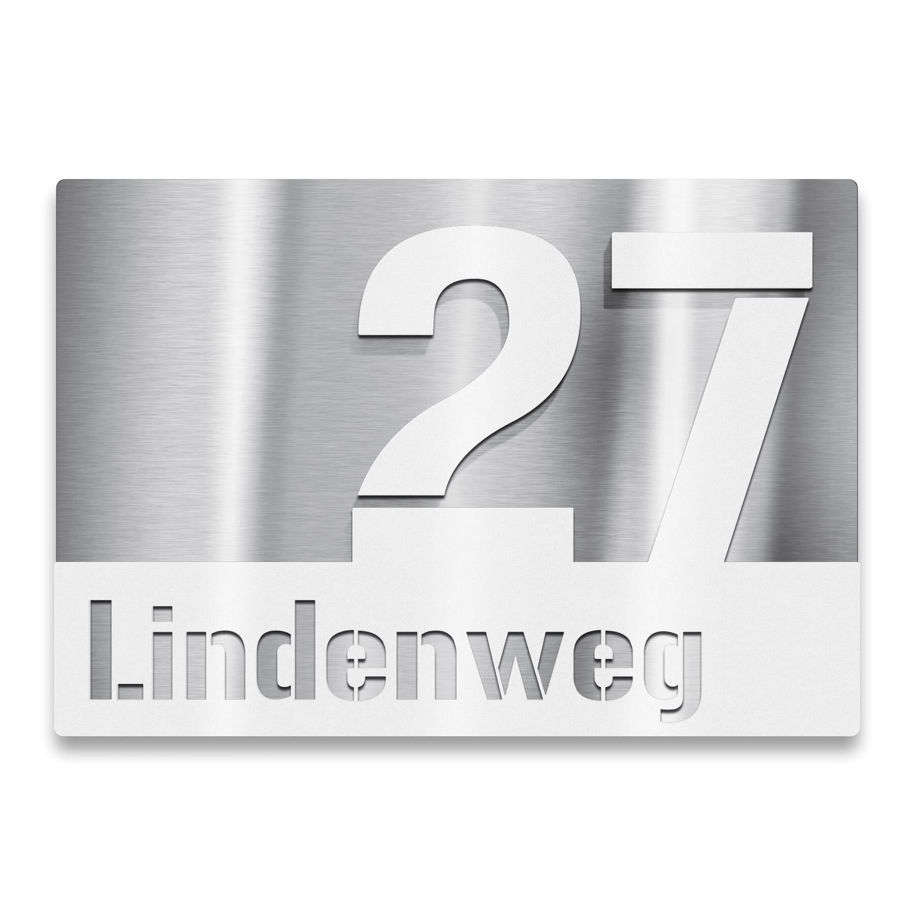 Hausnummernschild aus Edelstahl mit Straßennamen