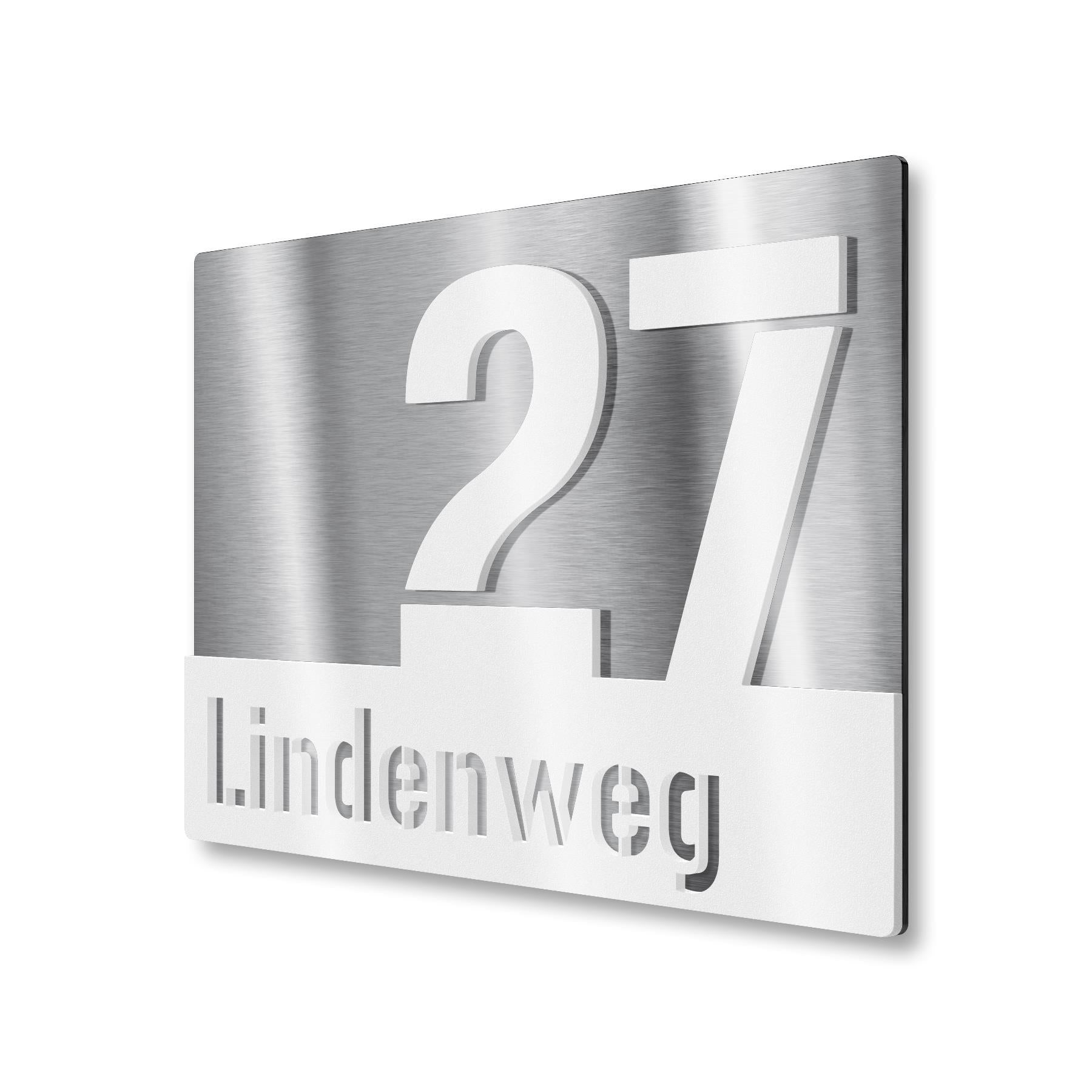 Hausnummernschild aus Edelstahl mit Straßennamen
