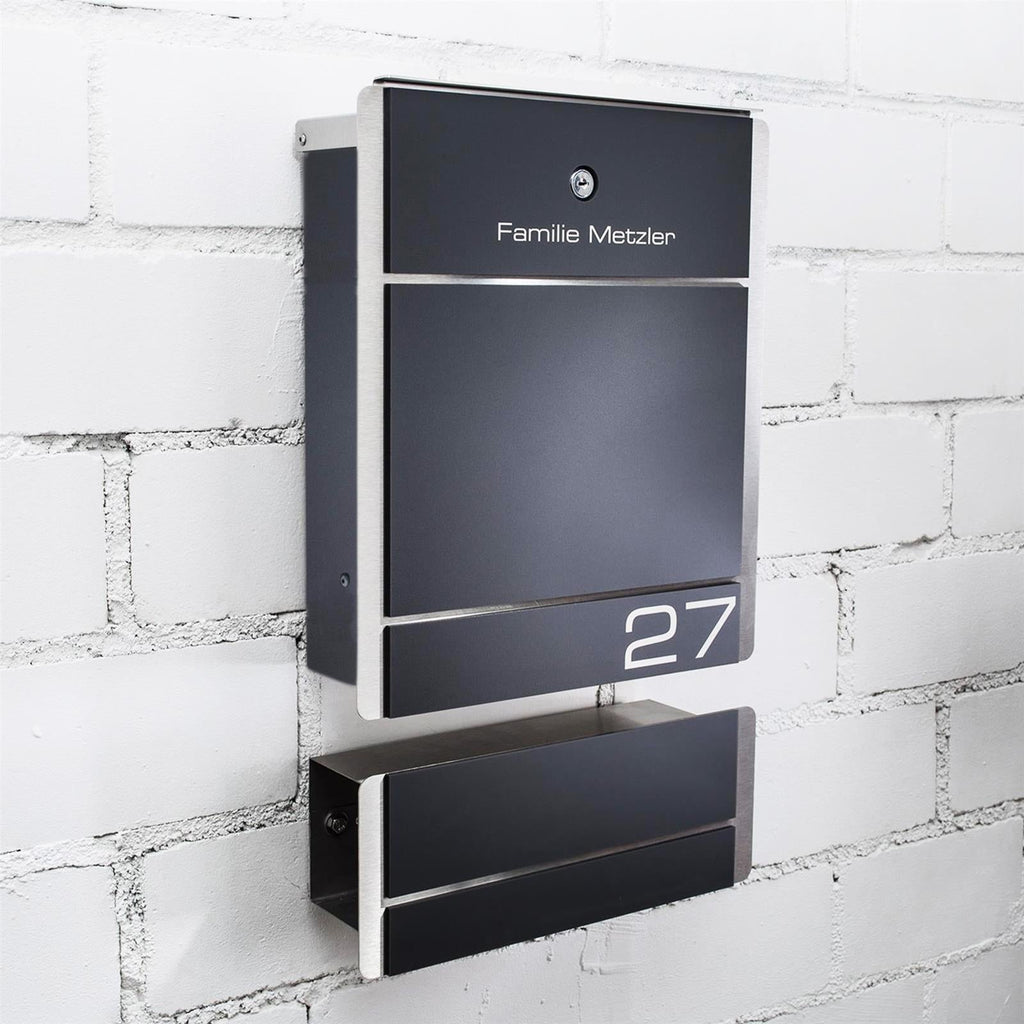 Metzler Briefkasten Standfuß Anthrazit Gravur + Zeitungsfach optional | 01