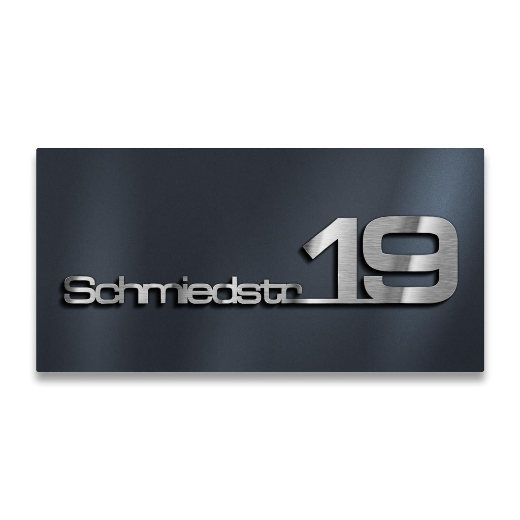Hausnummernschild mit Schriftzug aus Edelstahl in Anthrazit RAL7016
