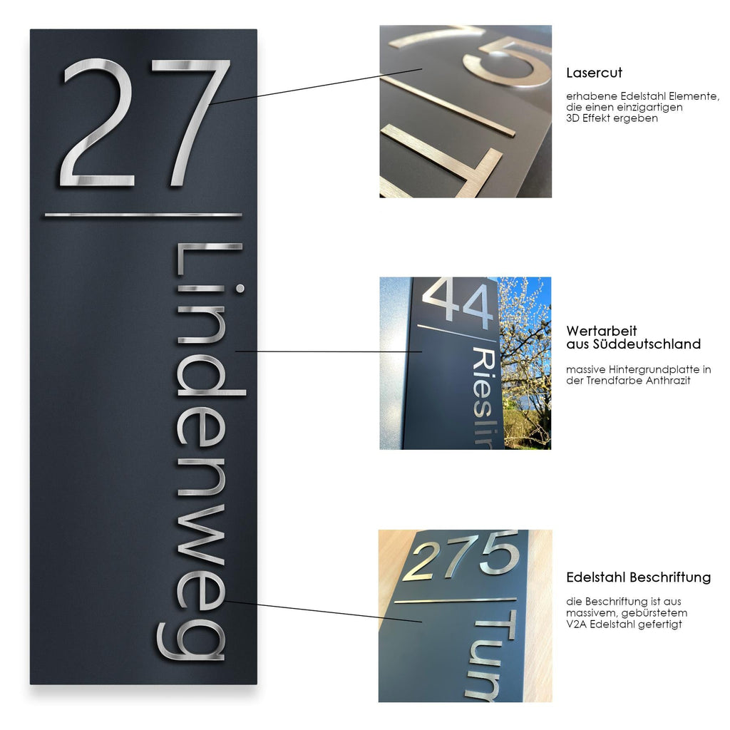 Metzler Hausnummernschild Hochformat Anthrazit Edelstahl | Weissenhof XXL