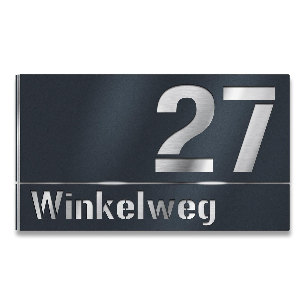 Hausnummernschild aus Edelstahl für Eckmontage links