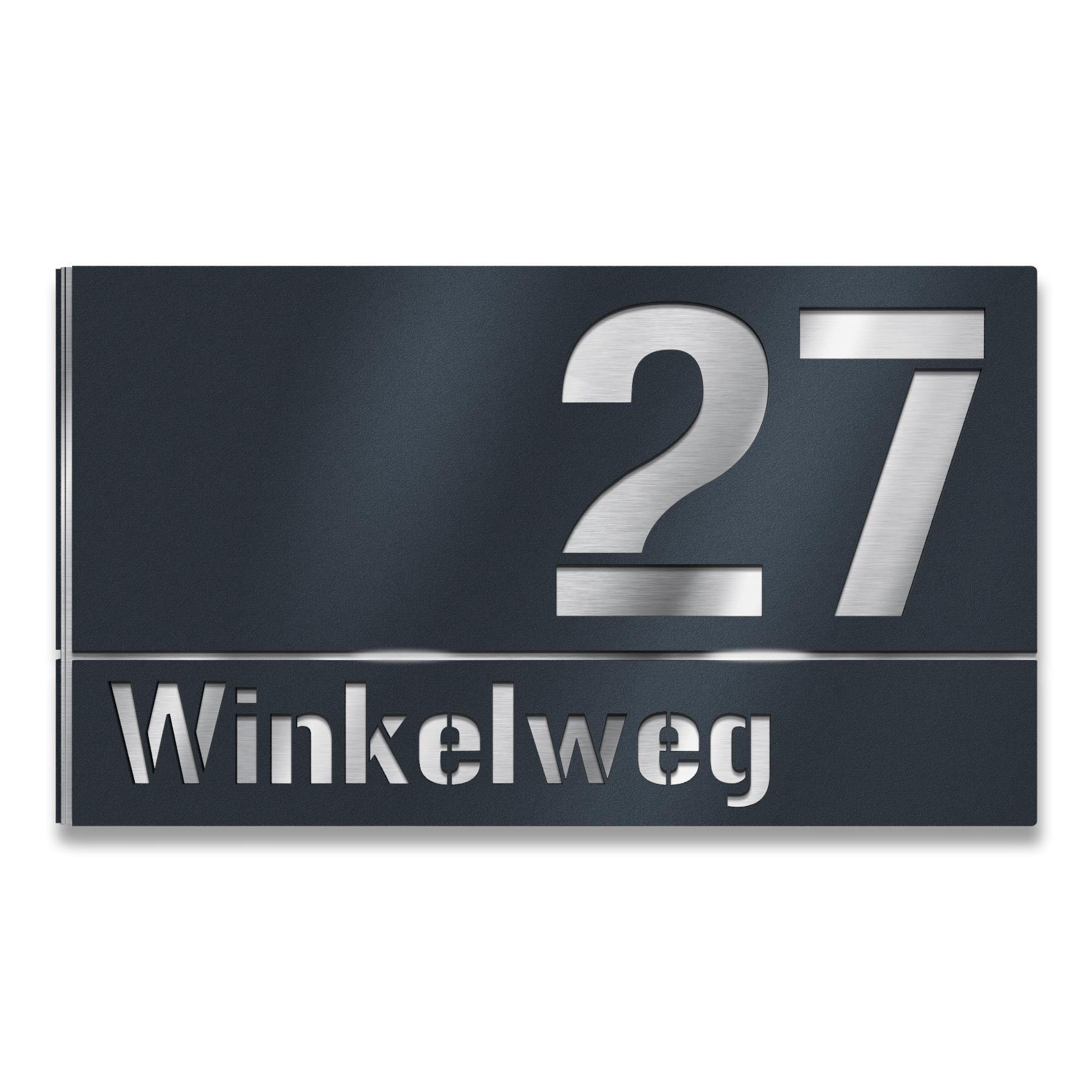 Hausnummernschild aus Edelstahl für Eckmontage links