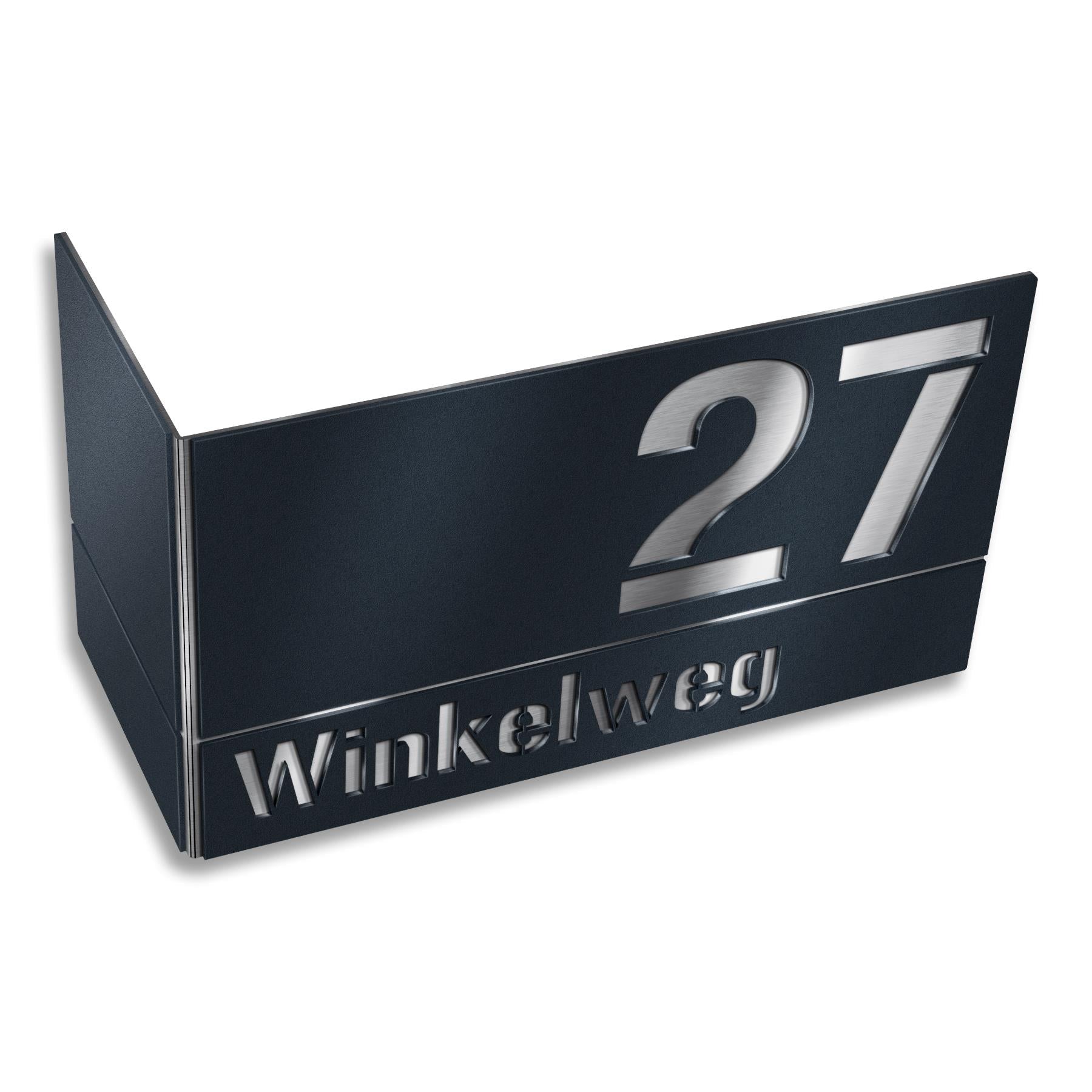 Hausnummernschild aus Edelstahl für Eckmontage links