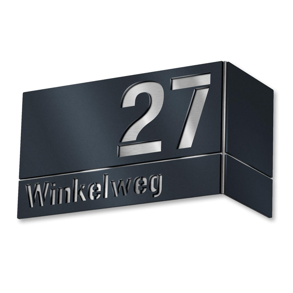 Hausnummernschild aus Edelstahl für Eckmontage rechts