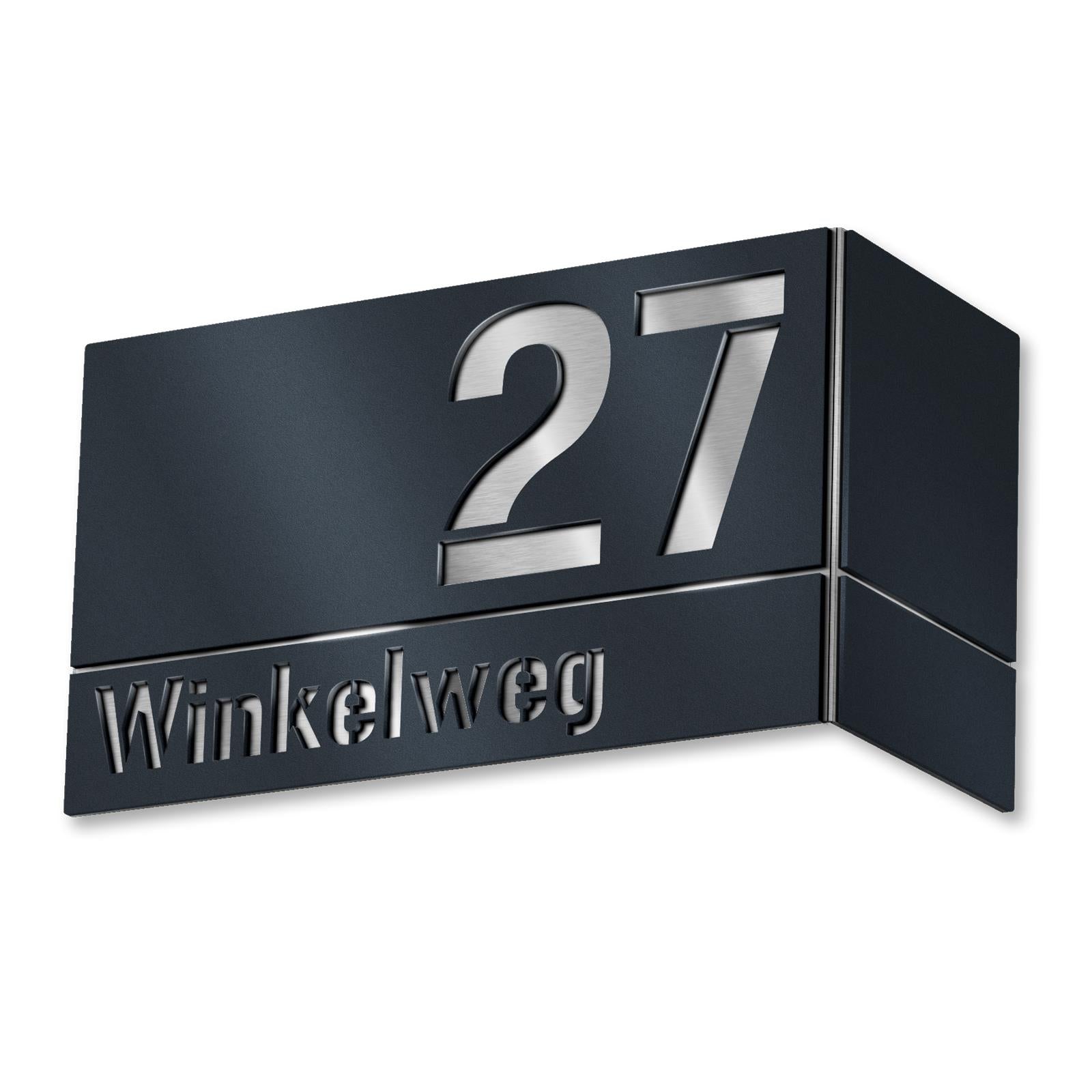 Hausnummernschild aus Edelstahl für Eckmontage rechts