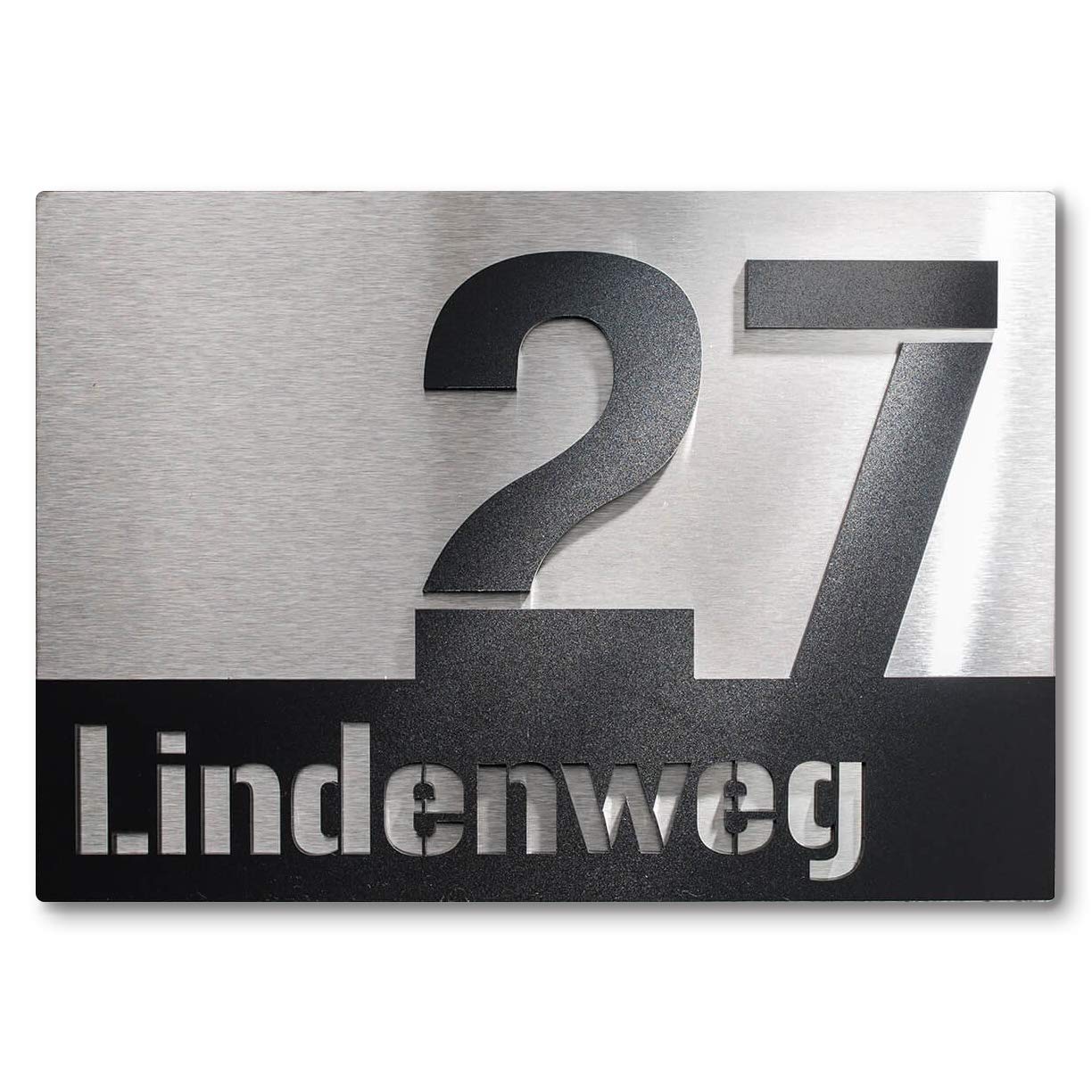 Hausnummernschild aus Edelstahl mit Straßennamen
