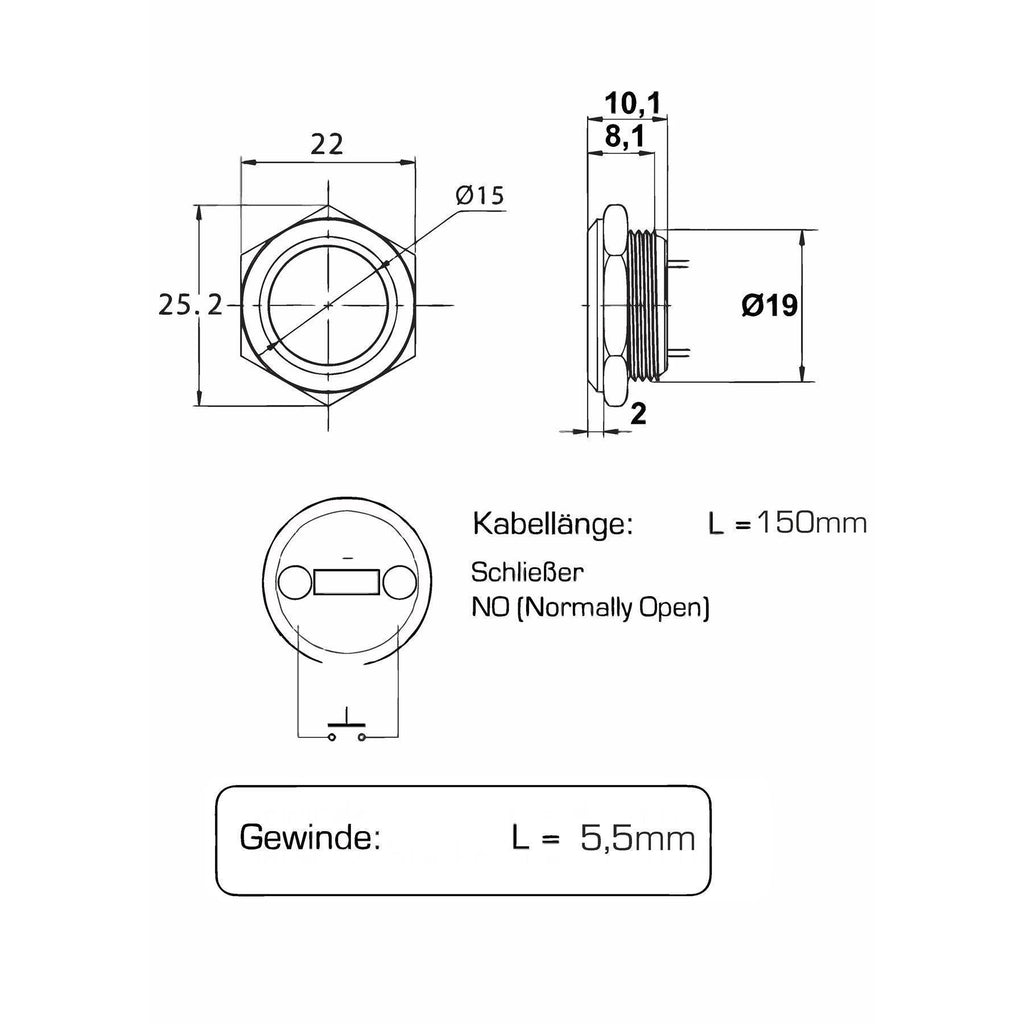 Metzler - Drucktaster 19mm - LED Ringbeleuchtung Gelb - IP67 IK10 - Edelstahl - Flach -  Kabelanschluss