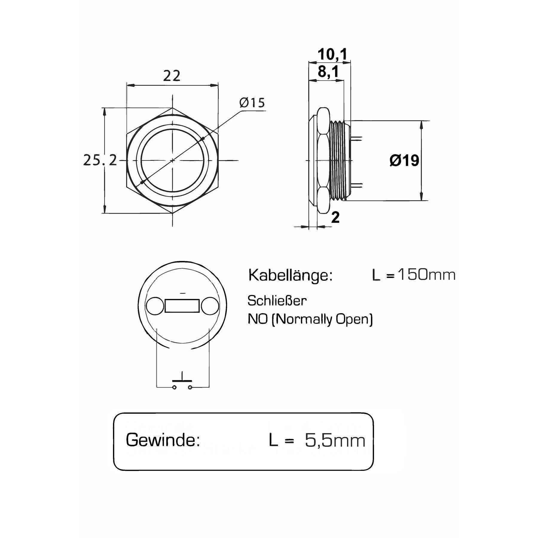Metzler - Drucktaster 19mm - LED Ringbeleuchtung Rot - IP67 IK10 - Edelstahl - Flach -  Kabelanschluss