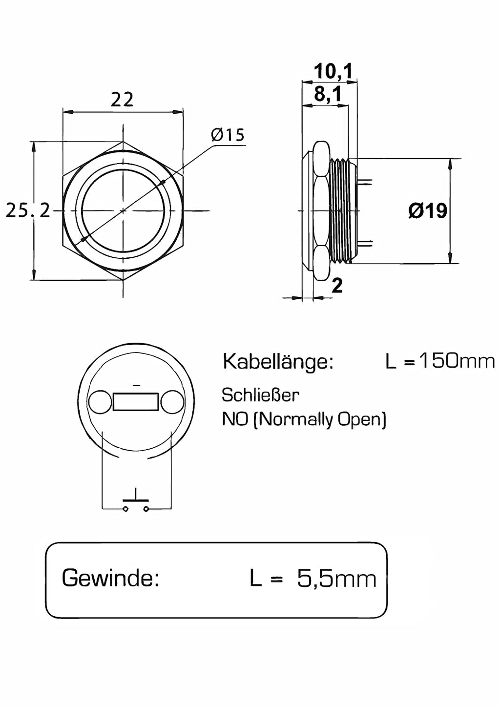 Metzler - Drucktaster 19mm - LED Symbol Licht Weiß - IP67 IK10 - Edelstahl - Flach -  Kabelanschluss