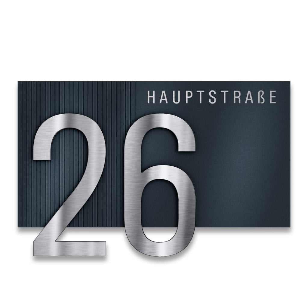 Hausnummernschild Anthrazit mit Straße & Ziffer aus Edelstahl