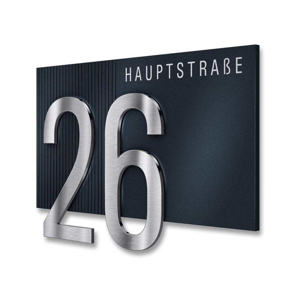 Hausnummernschild Anthrazit mit Straße & Ziffer aus Edelstahl