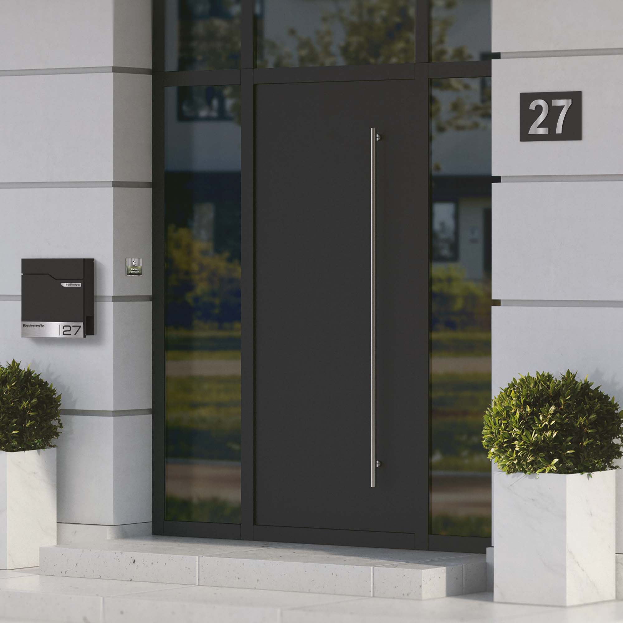 Hausnummernschild mit 3D-Ziffern aus Edelstahl in Anthrazit RAL 7016
