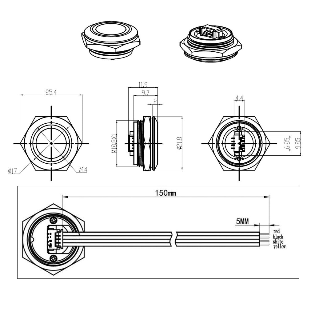 Metzler - Drucktaster 19mm - LED Symbol Licht Grün - IP67 IK10 - Edelstahl - Flach -  Kabelanschluss