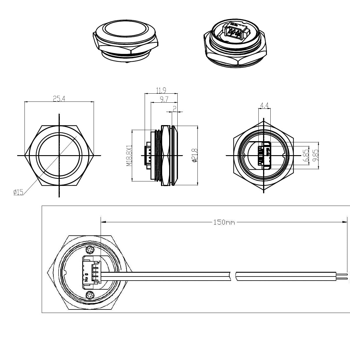 Metzler - Drucktaster 19mm - IP67 IK10 - Edelstahl - Flach -  Kabelanschluss