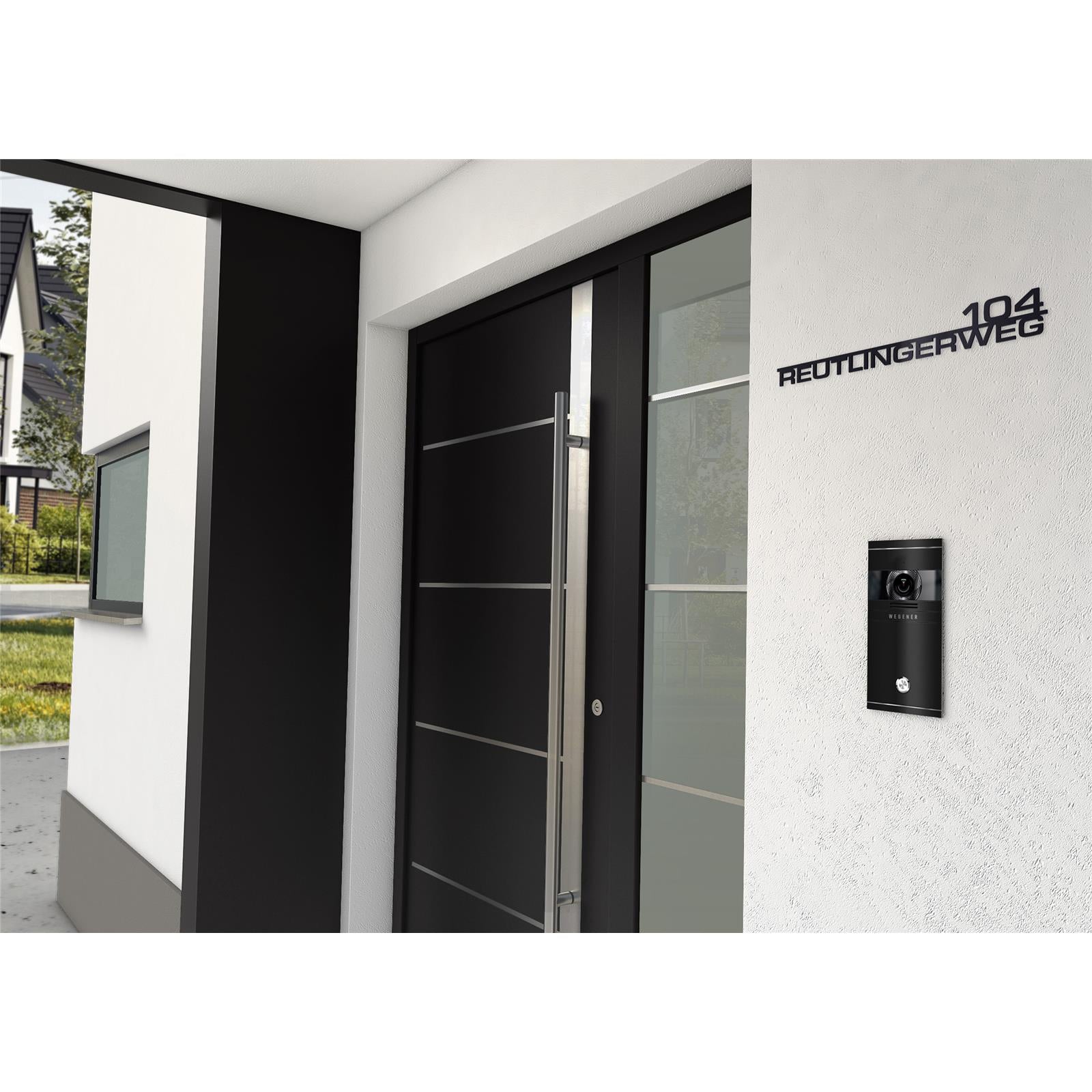 Schriftzug Oskar mit Straße & Hausnummer aus Edelstahl in Tiefschwarz RAL9005