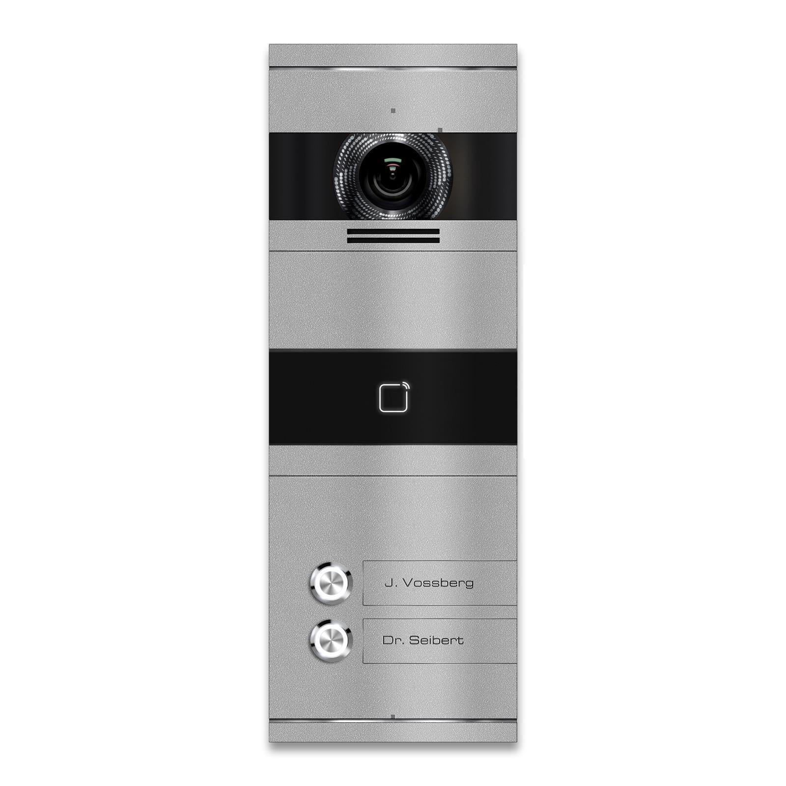 Metzler VDM10 Mehrfamilien Video-Türsprechanlage, Edelstahl RAL9007 Graualuminium, RFID-Leser, 2 Klingeltaster, Bosco, 2-Draht IP