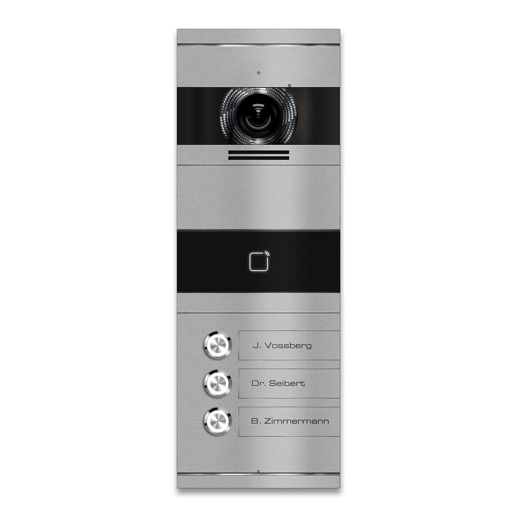 Metzler VDM10 Mehrfamilien Video-Türsprechanlage, Edelstahl RAL9007 Graualuminium, RFID-Leser, 3 Klingeltaster, Bosco, 2-Draht IP