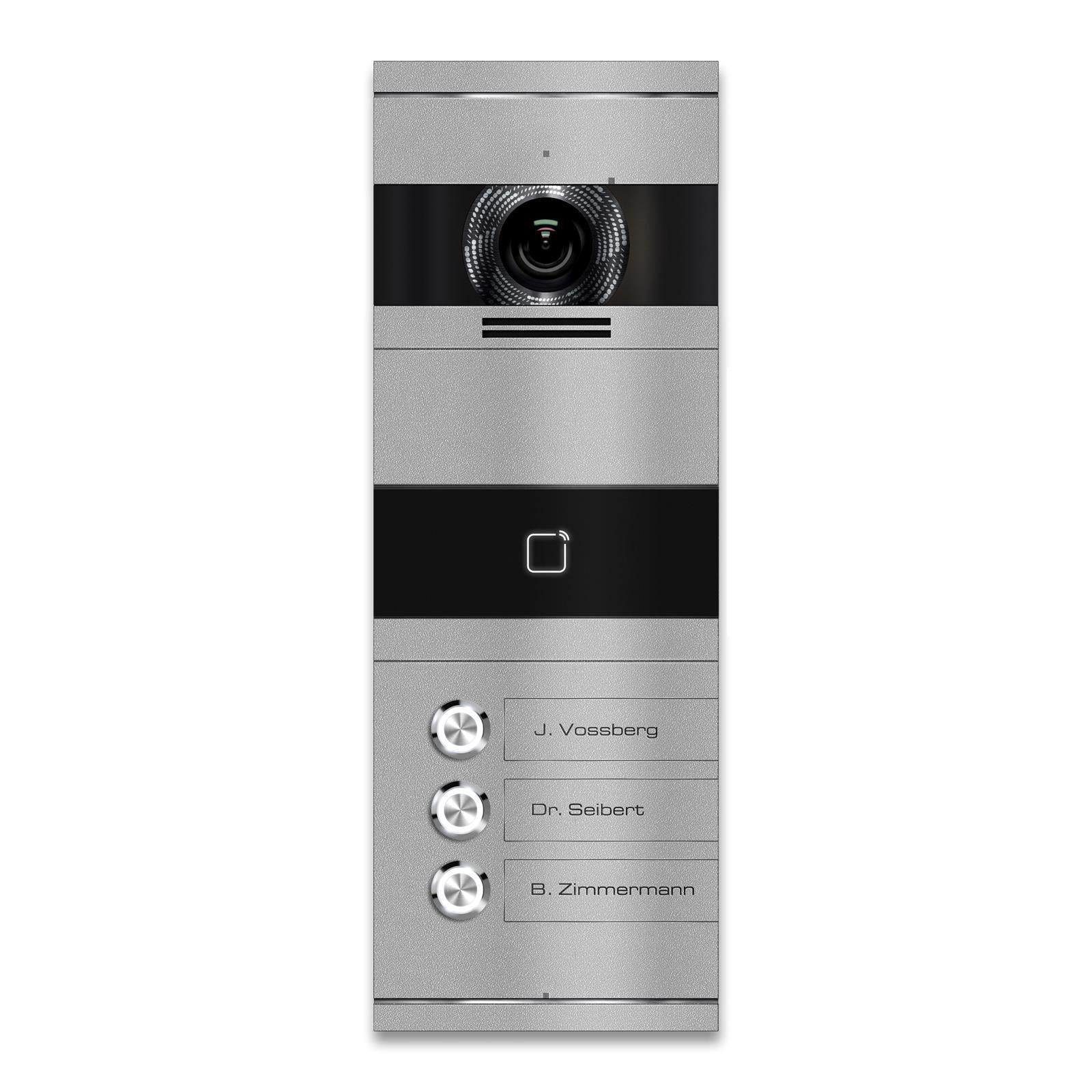 Metzler VDM10 Mehrfamilien Video-Türsprechanlage, Edelstahl RAL9007 Graualuminium, RFID-Leser, 3 Klingeltaster, Bosco, 2-Draht IP