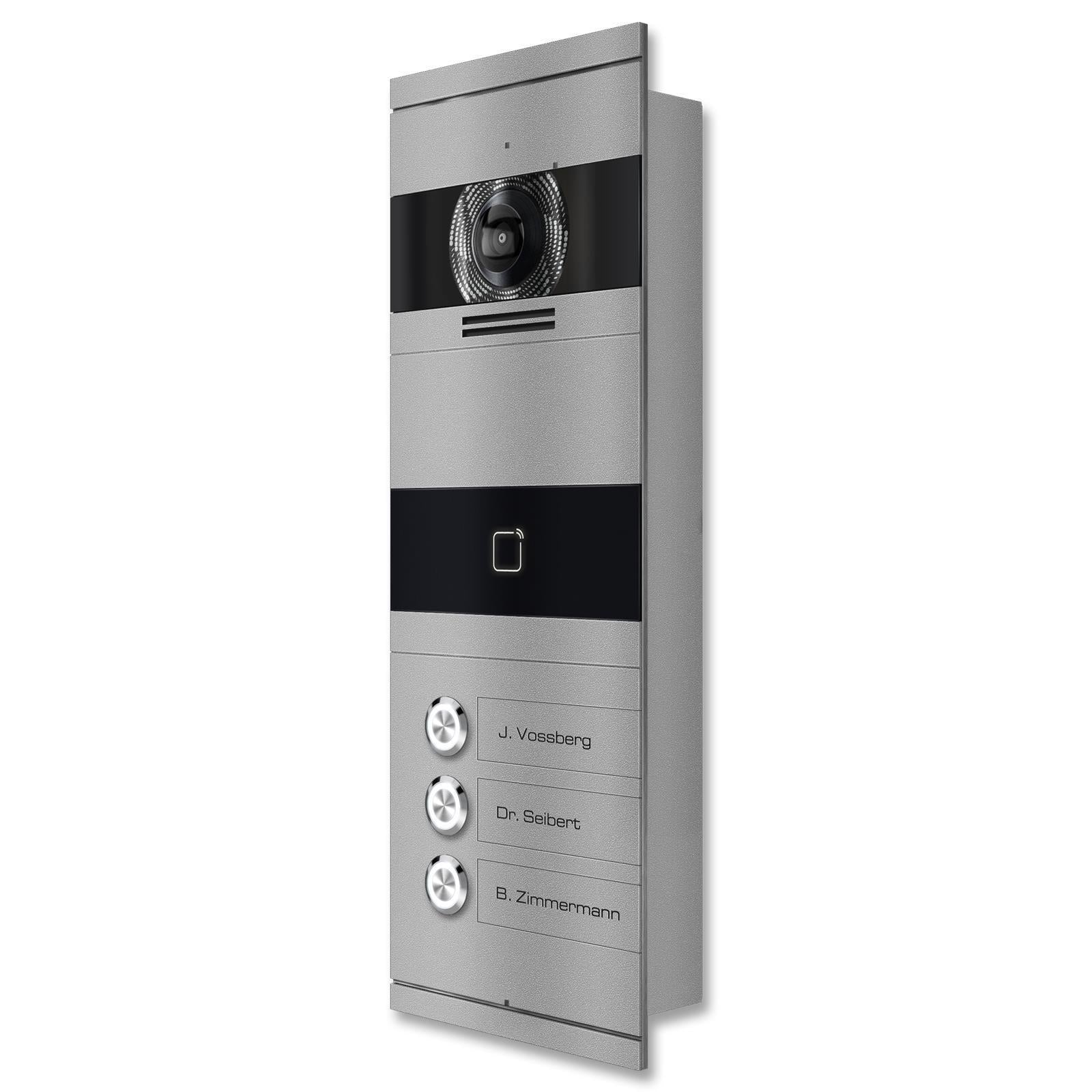 Metzler VDM10 Mehrfamilien Video-Türsprechanlage, Edelstahl RAL9007 Graualuminium, RFID-Leser, 3 Klingeltaster, Bosco, 2-Draht IP