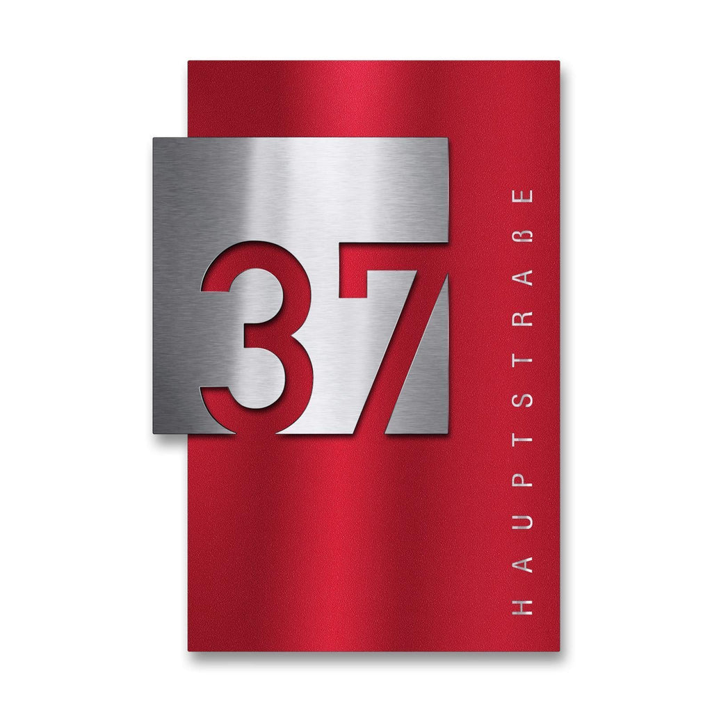 Metzler Design Hausnummernschild Rubinrot RAL 3003 Edelstahl | 45 x 65 cm | Steiner