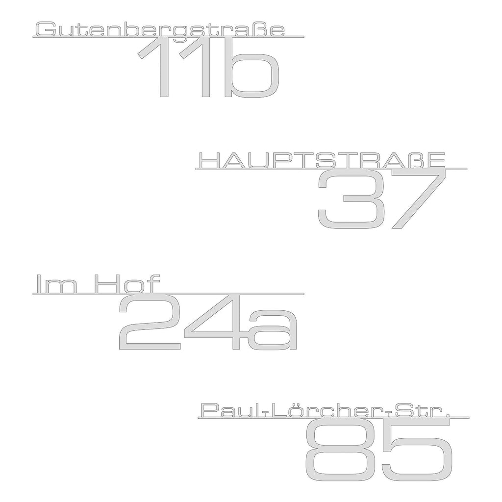 Schriftzug mit Straße & Hausnummer aus Edelstahl in Verkehrsweiß RAL 9016