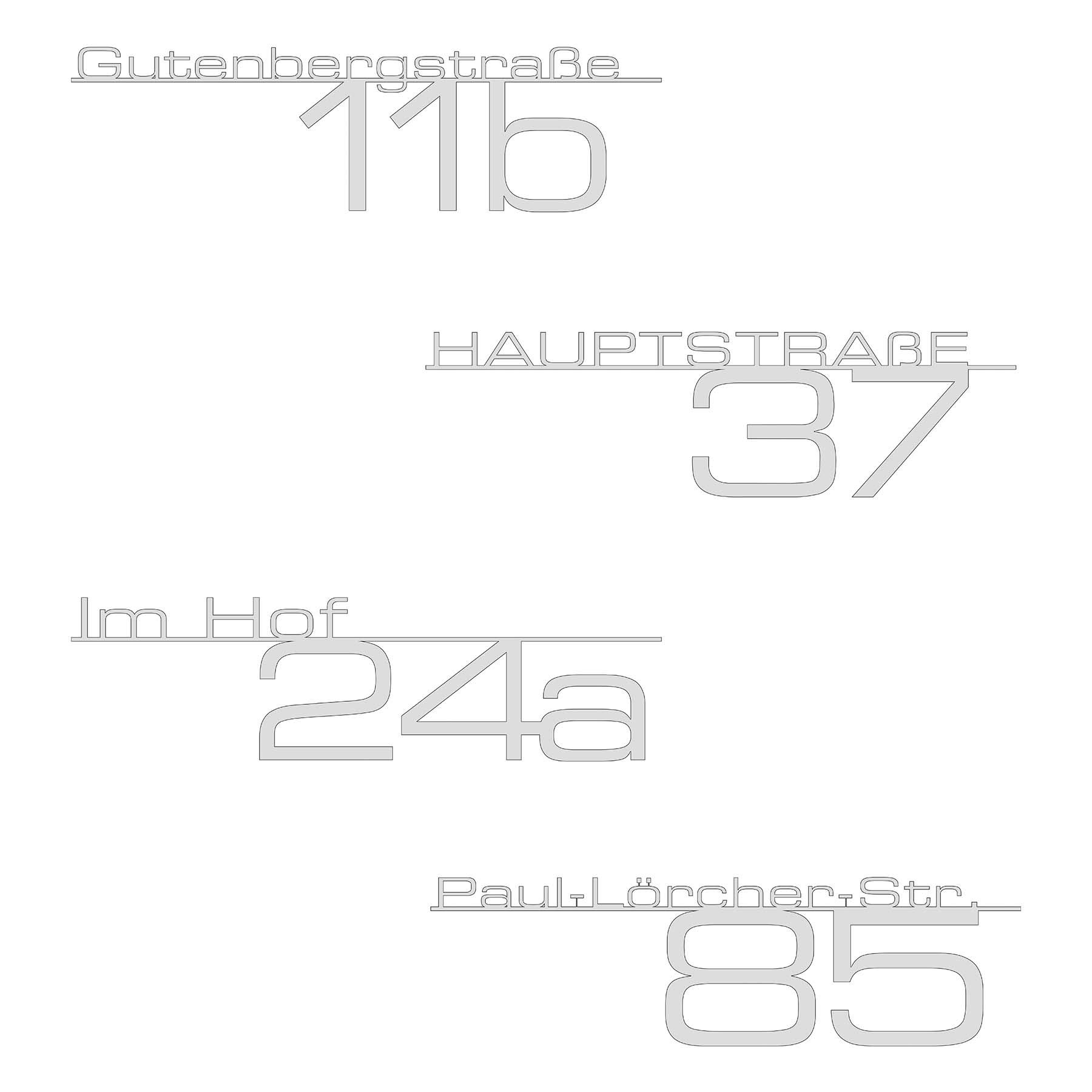 Schriftzug mit Straße & Hausnummer aus Edelstahl in Verkehrsweiß RAL 9016
