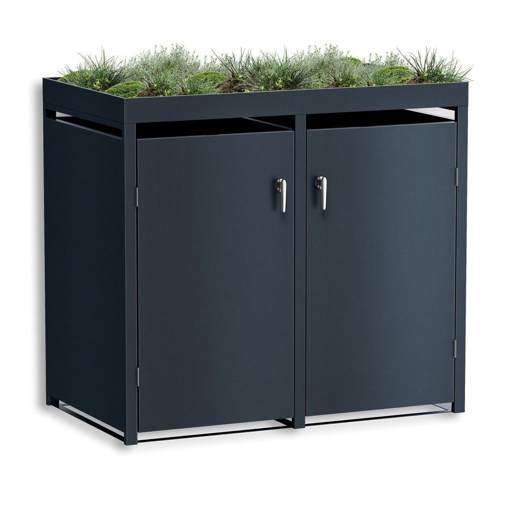 Metzler Mülltonnenbox mit Pflanzdach | zweitürig | massiv & rostfrei | 2x 240l | RAL7016 Anthrazitgrau matt
