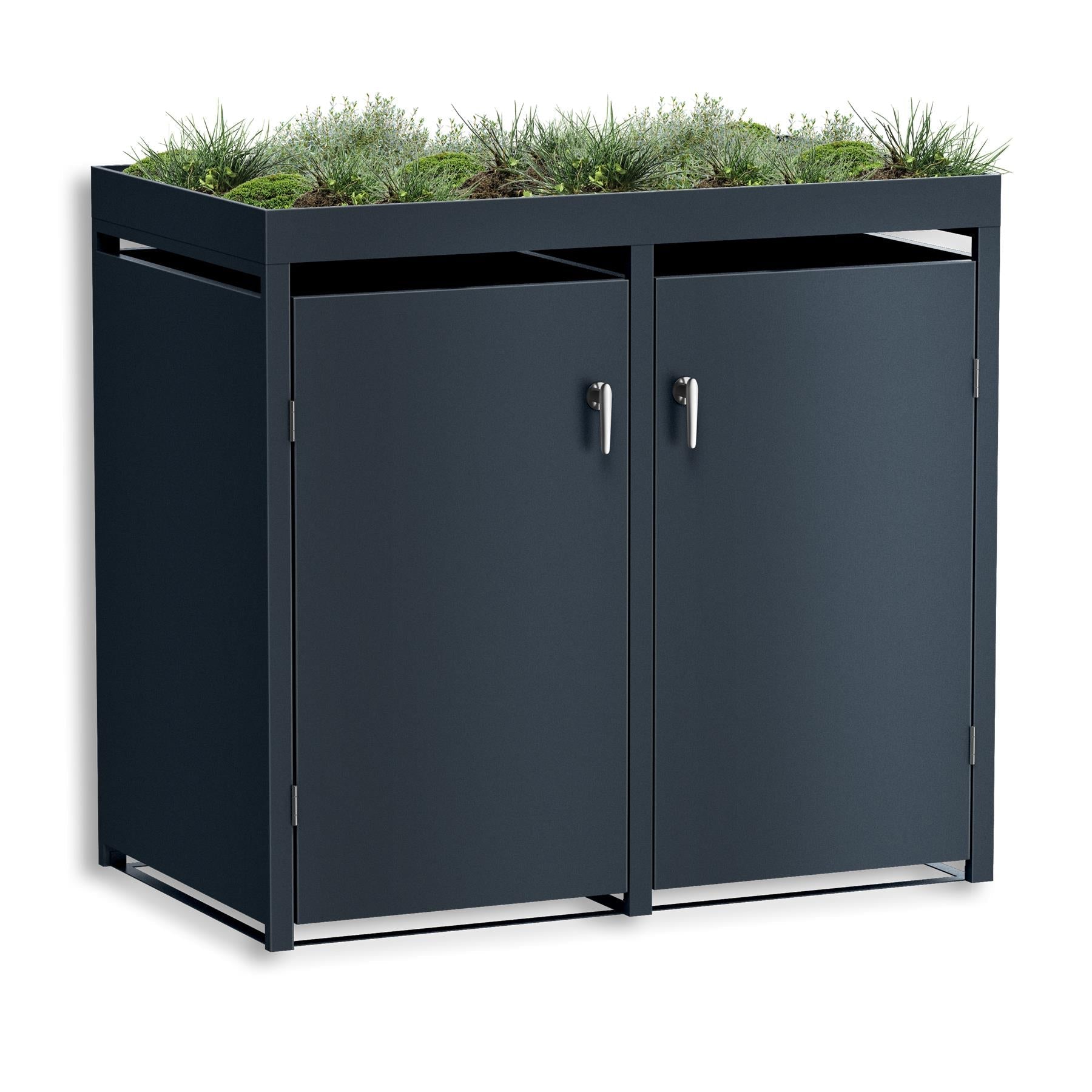 Metzler Mülltonnenbox mit Pflanzdach | zweitürig | massiv & rostfrei | 2x 120l | RAL7016 Anthrazitgrau matt