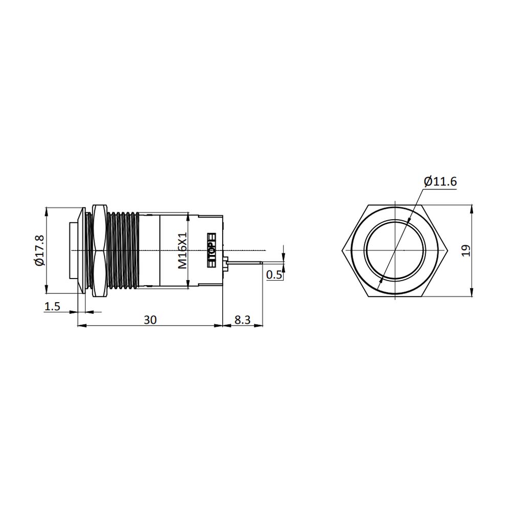 Metzler - Drucktaster 16mm - IP67 IK10 - Edelstahl - Hervorstehend - Lötkontakte
