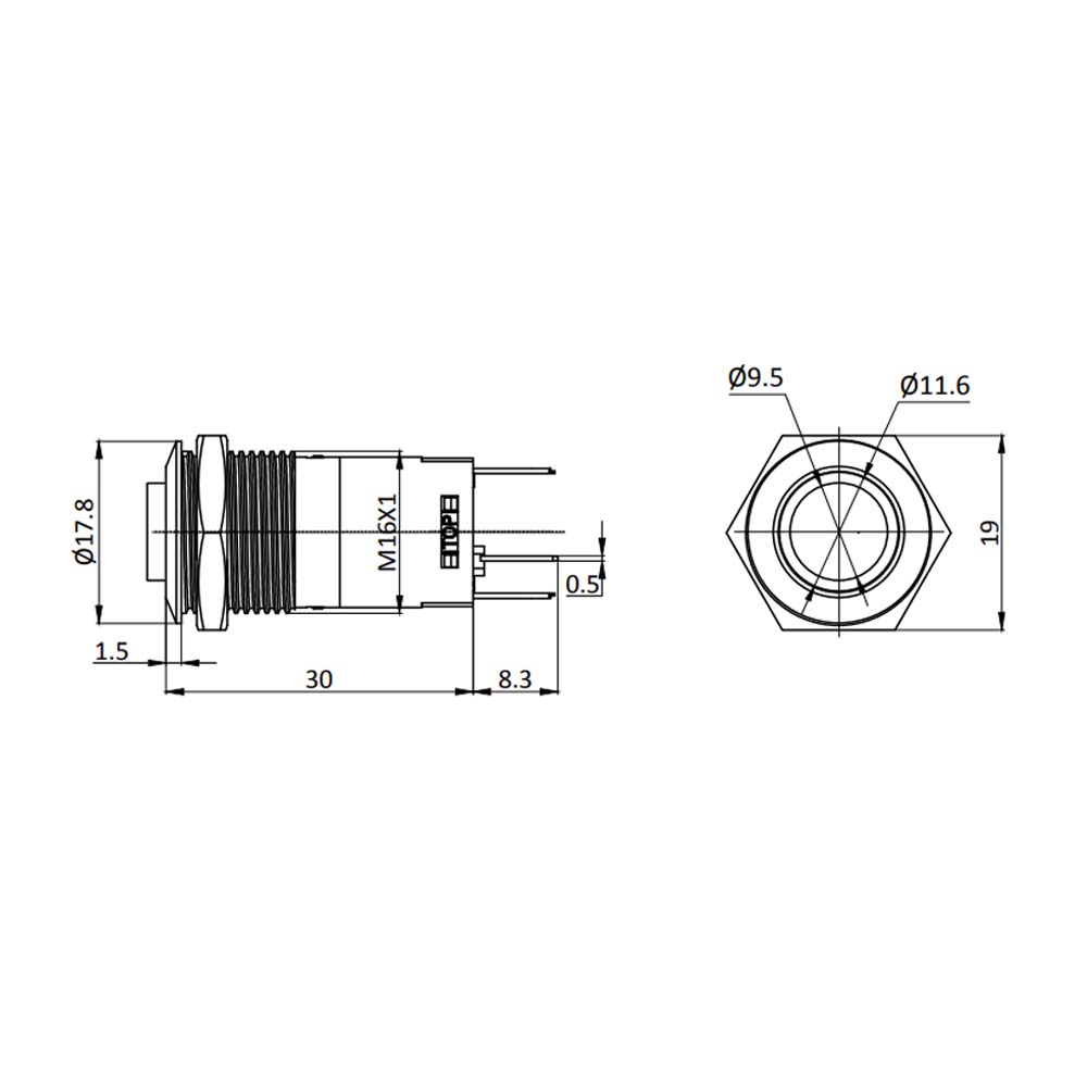 Metzler - Drucktaster 16mm - LED Ringbeleuchtung Blau - IP67 IK10 - Edelstahl - Hervorstehend - Lötkontakte