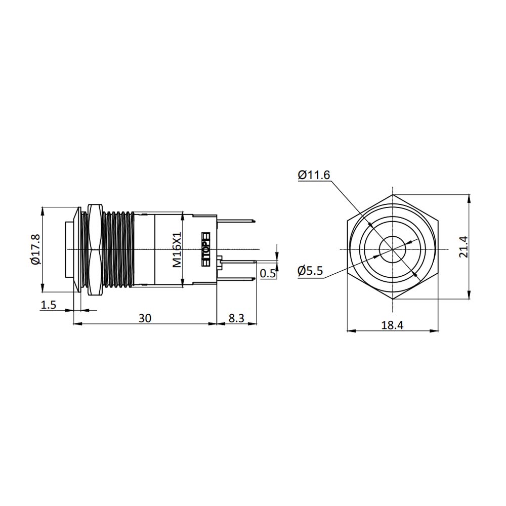 Metzler - Drucktaster 16mm - LED Punktbeleuchtung Gelb - IP67 IK10 - Edelstahl - Hervorstehend - Lötkontakte