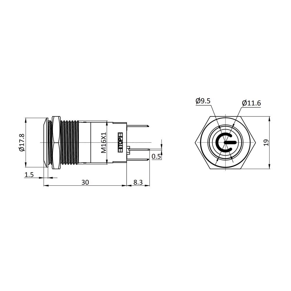 Metzler - Drucktaster 16mm - LED Symbol Power Weiß - IP67 IK10 - Edelstahl - Flach - Lötkontakte
