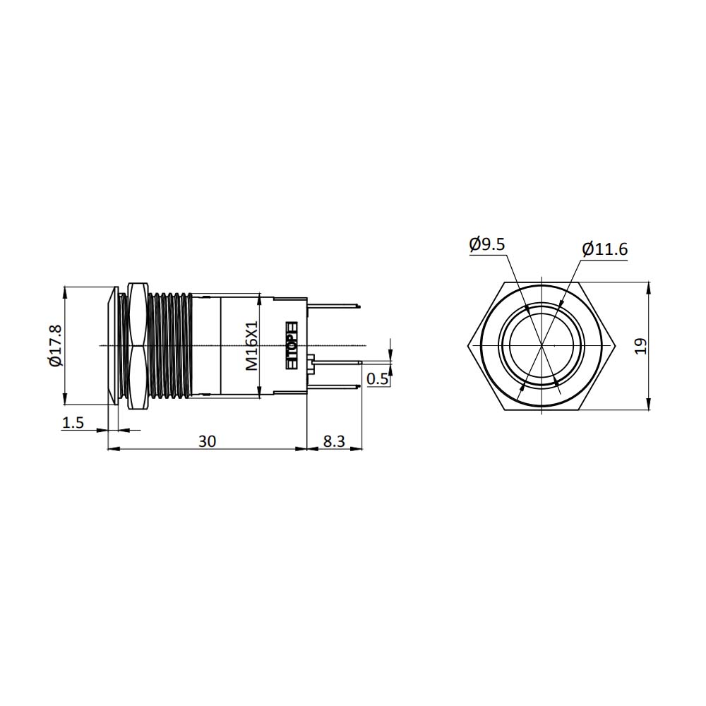 Metzler - Drucktaster 16mm - LED Ringbeleuchtung Grün - IP67 IK10 - Edelstahl - Flach - Lötkontakte