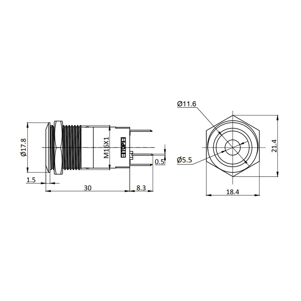 Metzler - Drucktaster 16mm - LED Punktbeleuchtung Grün - IP67 IK10 - Edelstahl - Flach - Lötkontakte