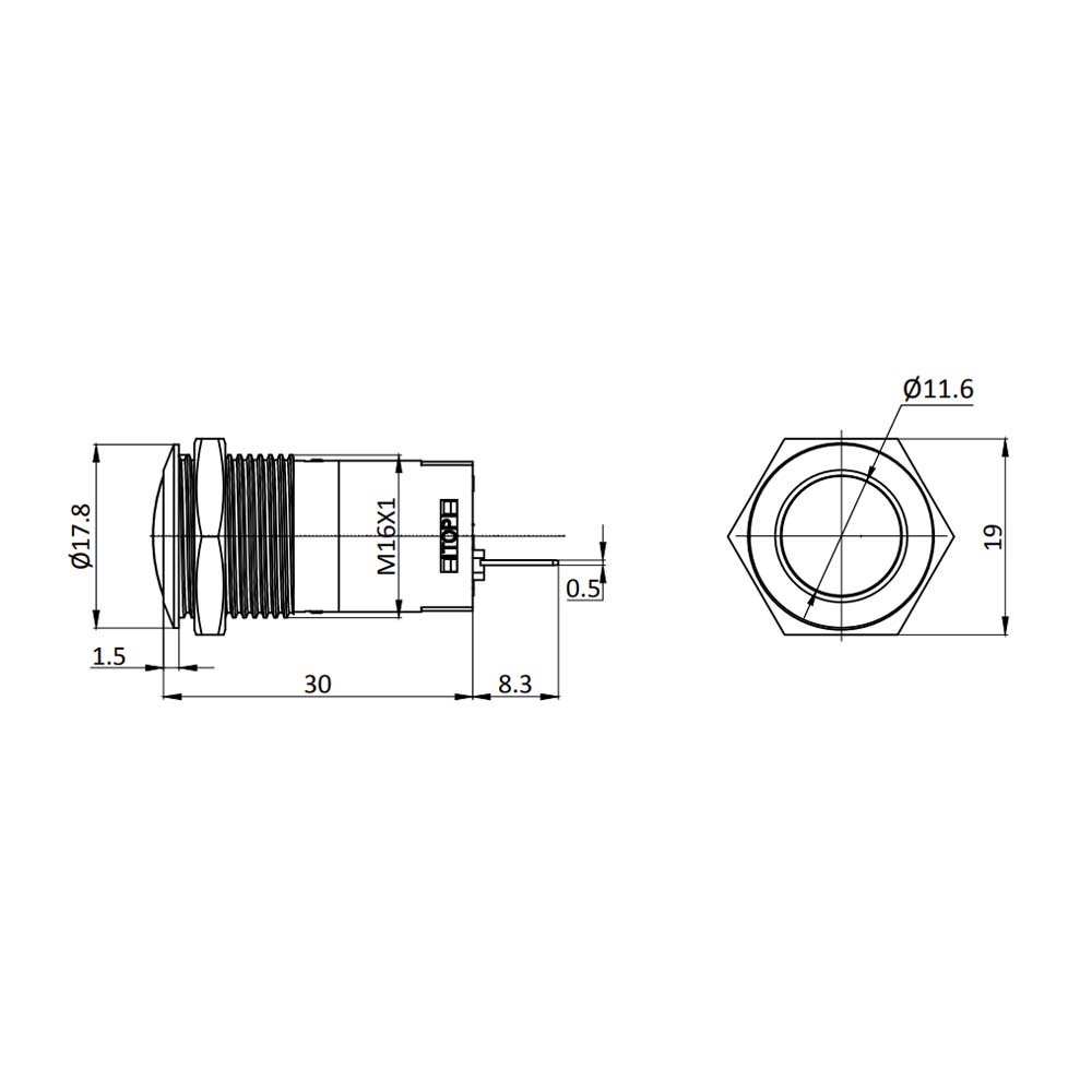 Metzler - Drucktaster 16mm - IP67 IK10 - Edelstahl - Gewölbt - Lötkontakte