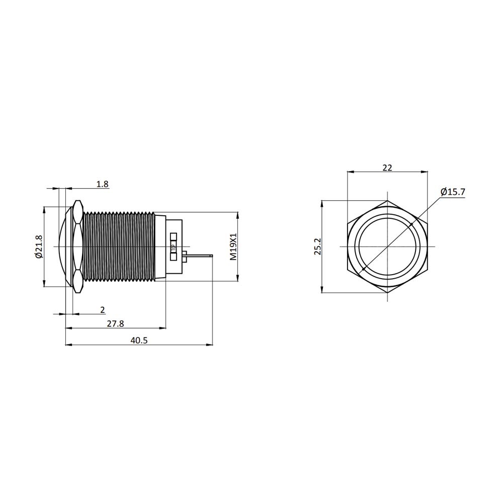 Metzler - Drucktaster 19mm - IP67 IK10 - Edelstahl - Gewölbt - Lötkontakte