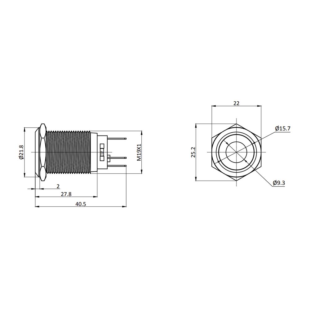 Metzler - Drucktaster 19mm - LED Punktbeleuchtung Grün - IP67 IK10 - Edelstahl - Flach - Lötkontakte