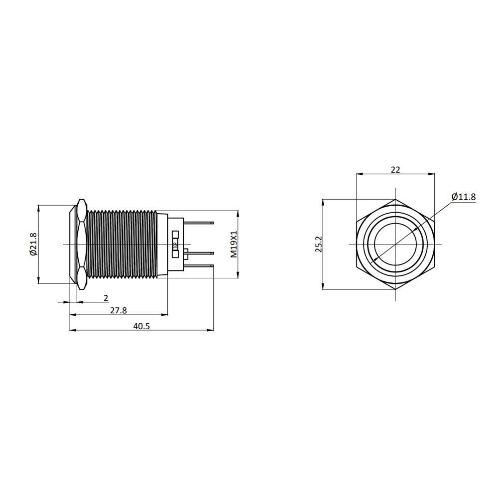 Metzler - Drucktaster 19mm - LED Ringbeleuchtung 230 V Rot - IP67 IK10 - Edelstahl - Flach - Lötkontakte