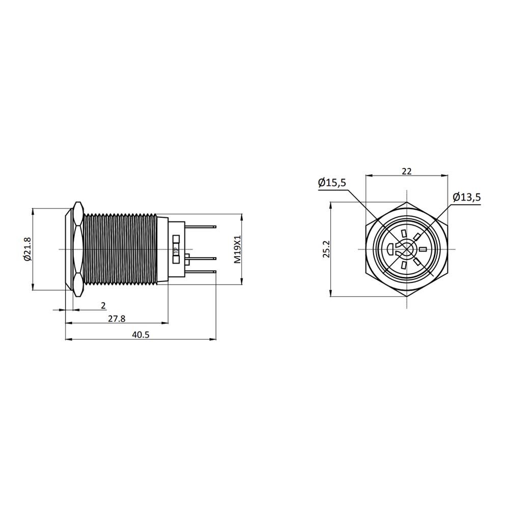 Metzler - Druckschalter 19mm - LED Symbol Licht 230 V Grün - IP67 IK10 - Edelstahl - Flach - Lötkontakte