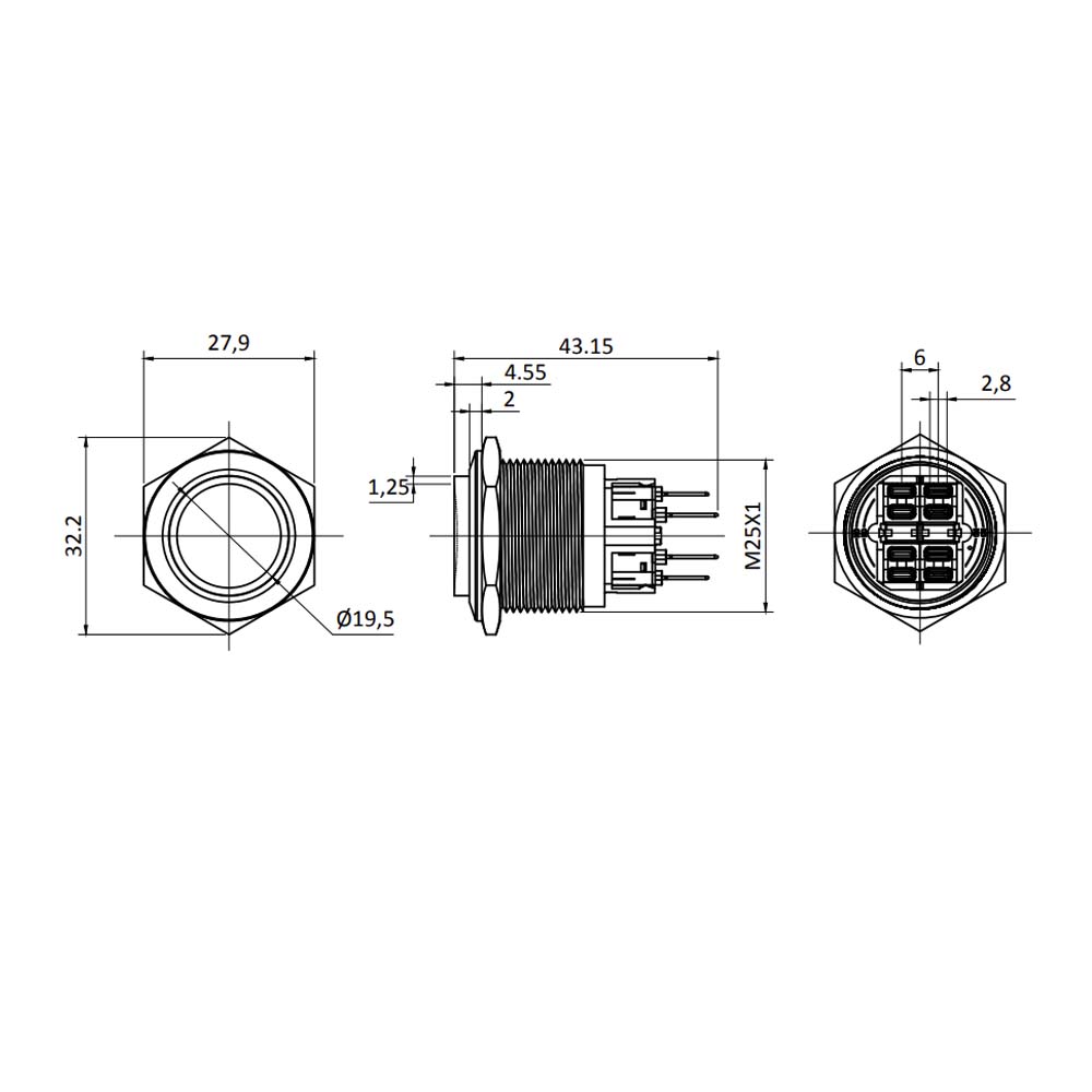 Metzler - Drucktaster 25mm - IP67 IK10 - Edelstahl - Hervorstehend - Lötkontakte
