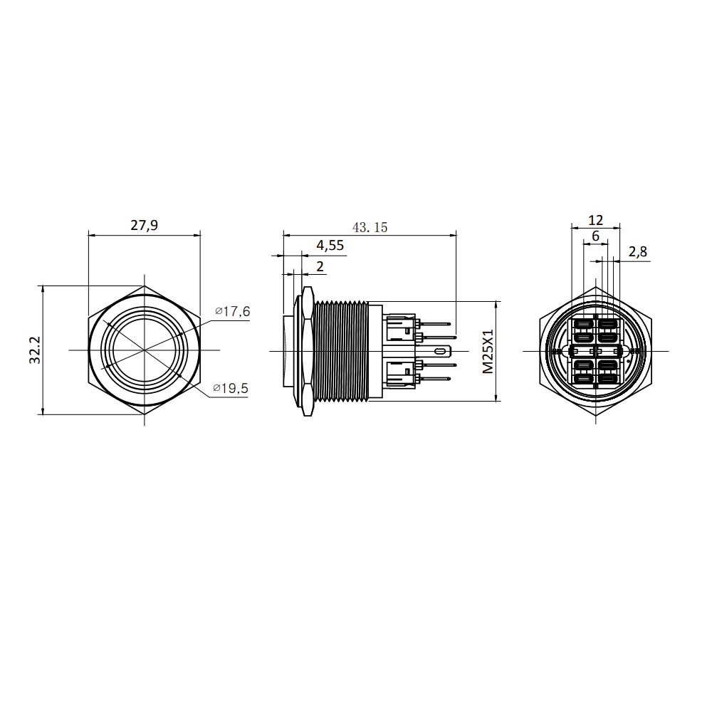 Metzler - Drucktaster 25mm - LED Ringbeleuchtung Gelb - IP67 IK10 - Edelstahl - Hervorstehend - Lötkontakte